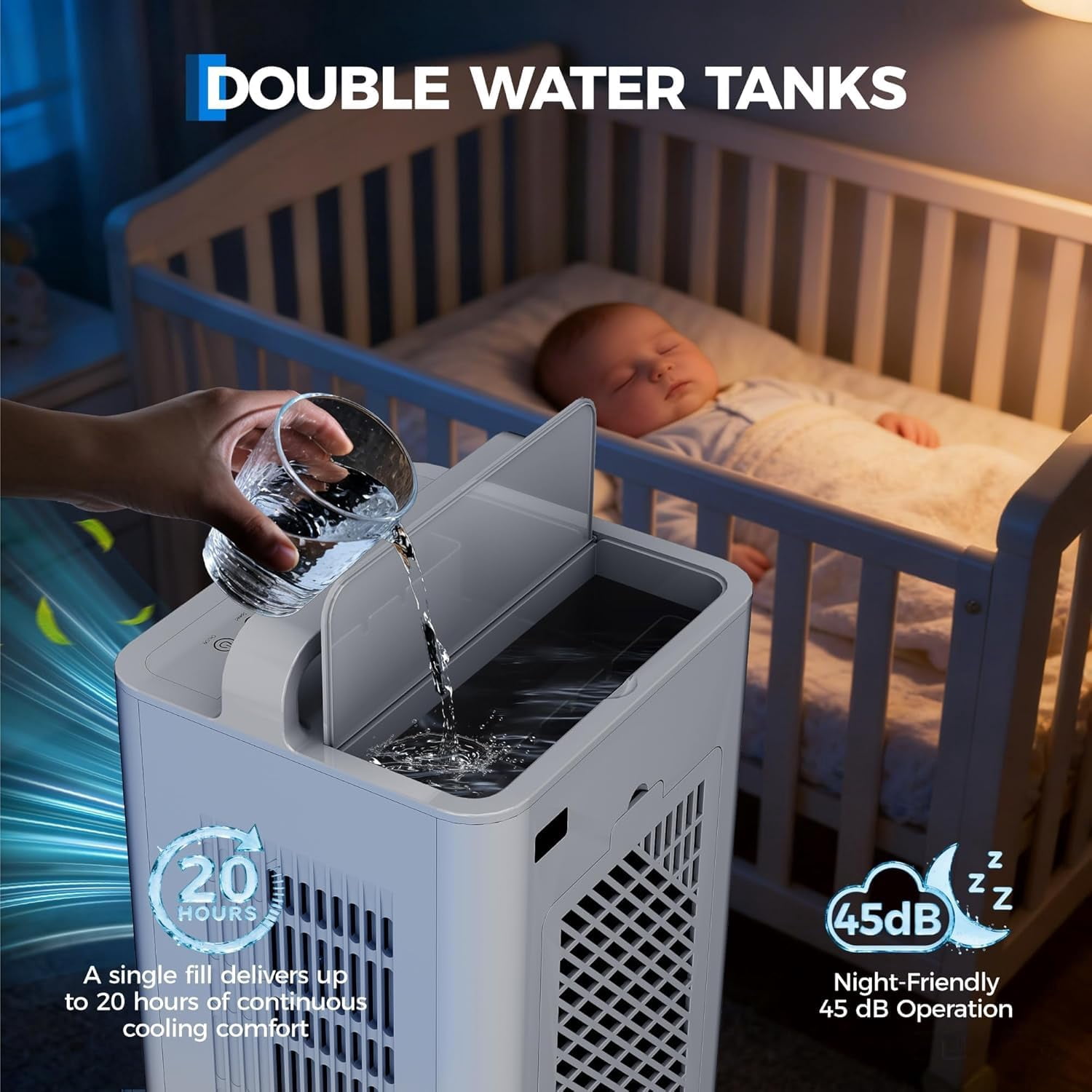 2.6Gal Portable Air Conditioners, 3-in-1 Swamp Cooler with HEPA Filter, Remote Control, 6 Speeds & 3 Modes, Quiet Operation for Rooms Up to 450 Sq Ft, 24-Hour Timer, 360° Swivel Casters