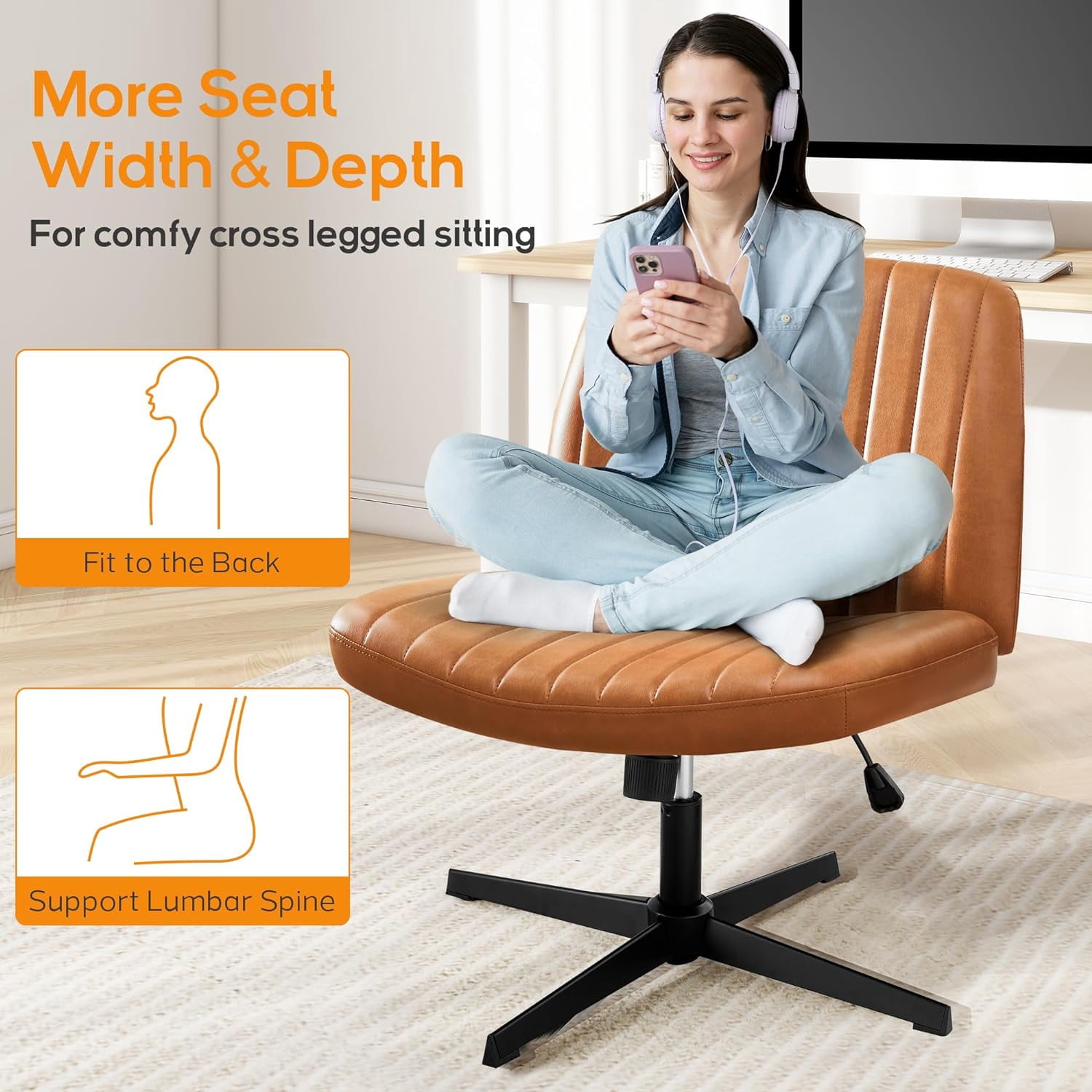 Criss Cross Chair, Cross Legged Office Chair, Wide Comfty Desk Chair, No Wheels Armless Computer Task Chair, Swivel Vanity Home Chair, Height Adjustable