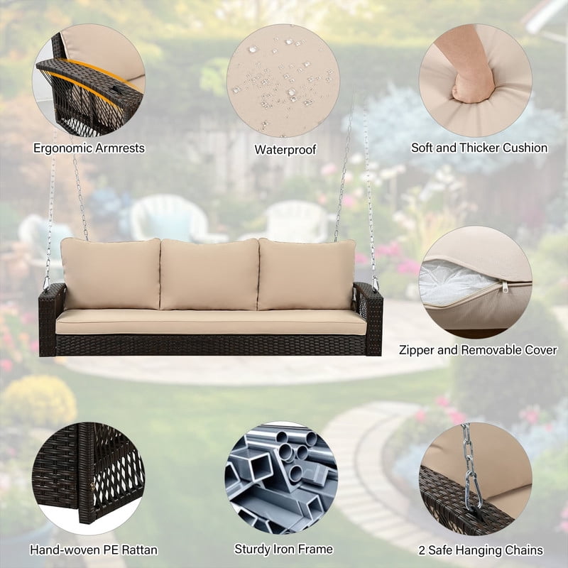 3-Person 69" PE Wicker Porch Swing with Chains, All-Weather Large Patio Swing Bench with Cushions for Backyard, Garden, and Poolside