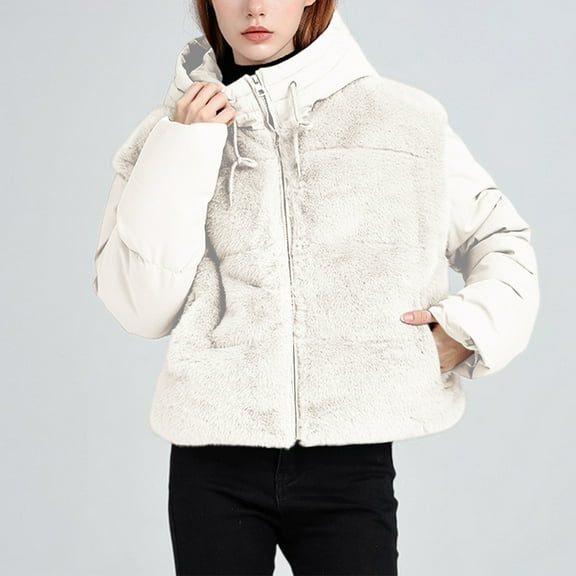 Black*Friday on Sale ChaoHeng Winter Jackets for Women Women's Colorblock Faux Fur Hooded Puffer Jacket,Short Warm Cotton Coat
