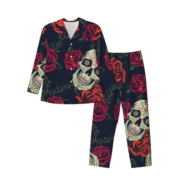 Fotbe Roses Skulls Pijama de Hombre con Estampado de Manga Larga, Conjunto de 2 Piezas, Ropa de Dormir Suave y Cómoda con Bolsillos-Large