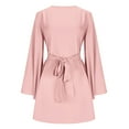 thumbnail image 6 of Women's Solid Color Satin Dress Bell-Sleeve Long Sleeve Casual Crew Neck Ruched Tie Waist Party Mini Dress, 6 of 7