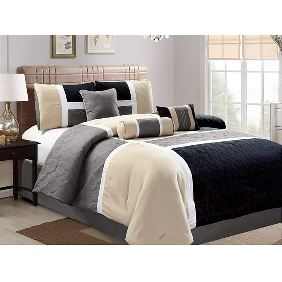 HGMart Bedding Comforter Set Bed In A Bag - 7 Piece Luxury Quilted Patchwork Bedding Sets - Microfiber Bedroom Comforters, King, Black