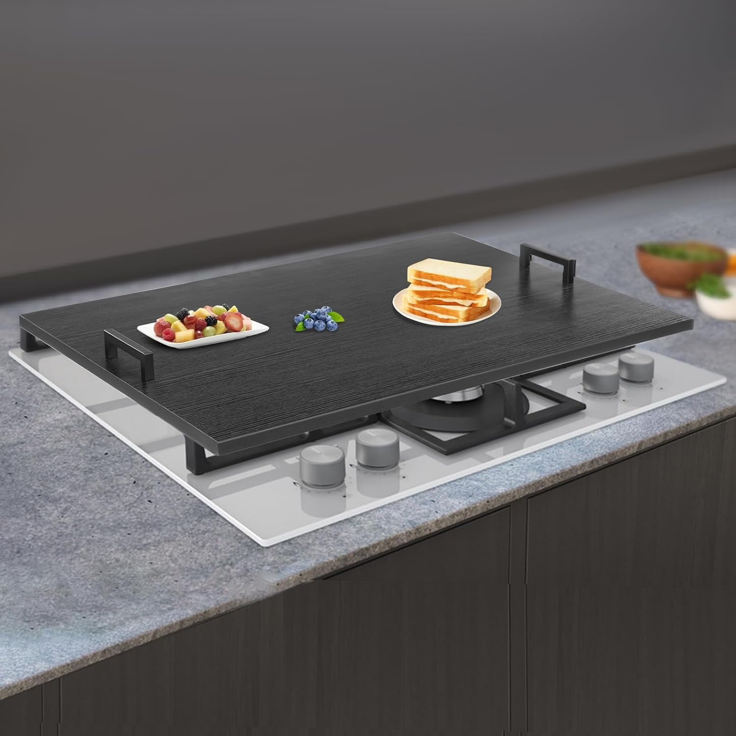 Stove Top Cover for Gas Burner Wood Stovetop Cover with Handles Noodle Board Stove Cover Wooden Cutting Board for Kitchen, 29 * 21 Inch (Black)