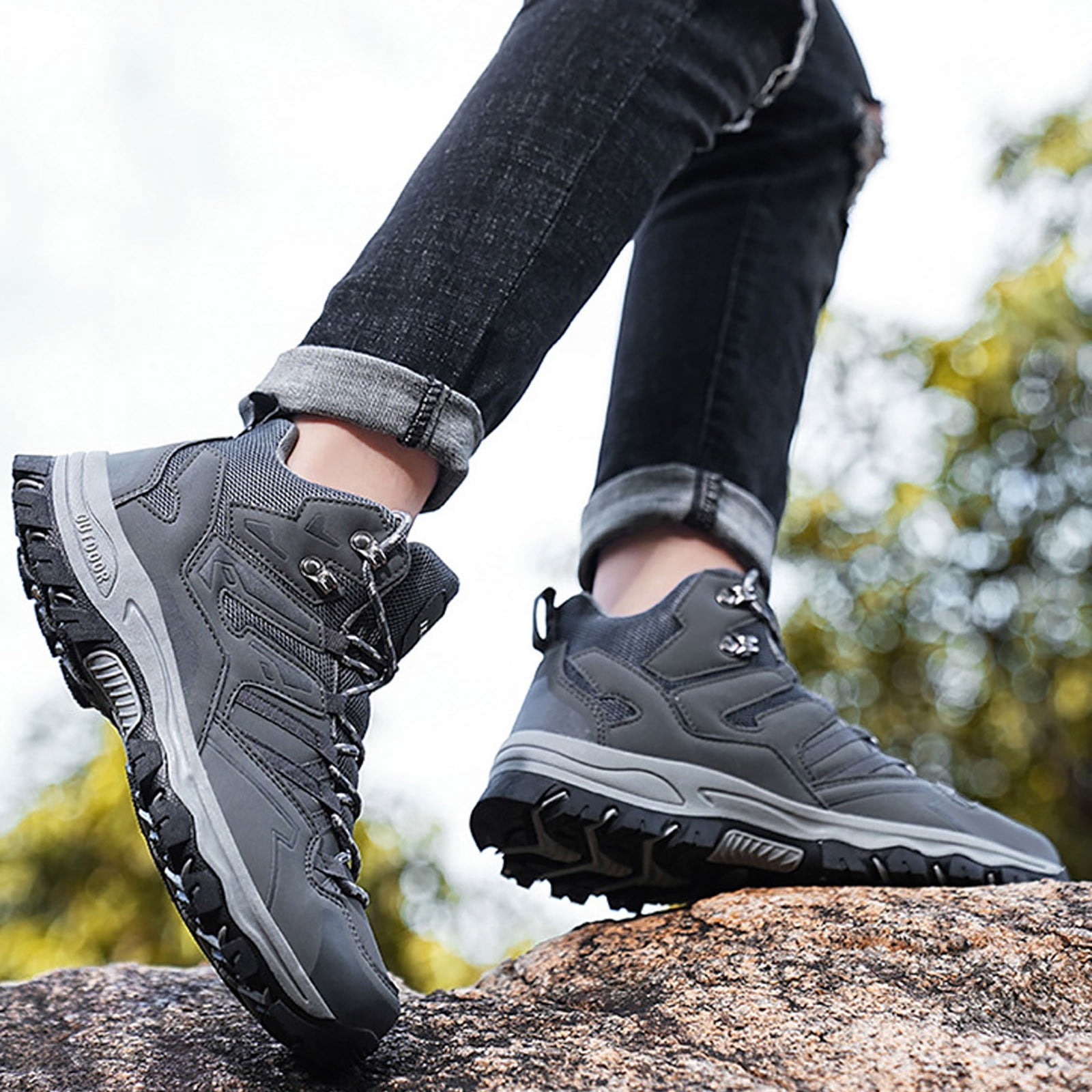 Durtebeua Men's Ankle High Waterproof Hiking Boots Outdoor Lightweight Shoes Trekking Trails Grey,8