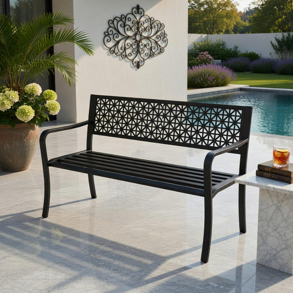 Hommoo 50" Metal Garden Bench for 2-3 People, Stylish Patterned Backrest, Curved Armrests, Heavy-Duty Outdoor Patio Seating, Black
