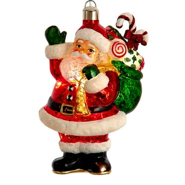 Kurt Adler Hanging Glass Tree Ornament, Warm White LED Santa With Gift Bag