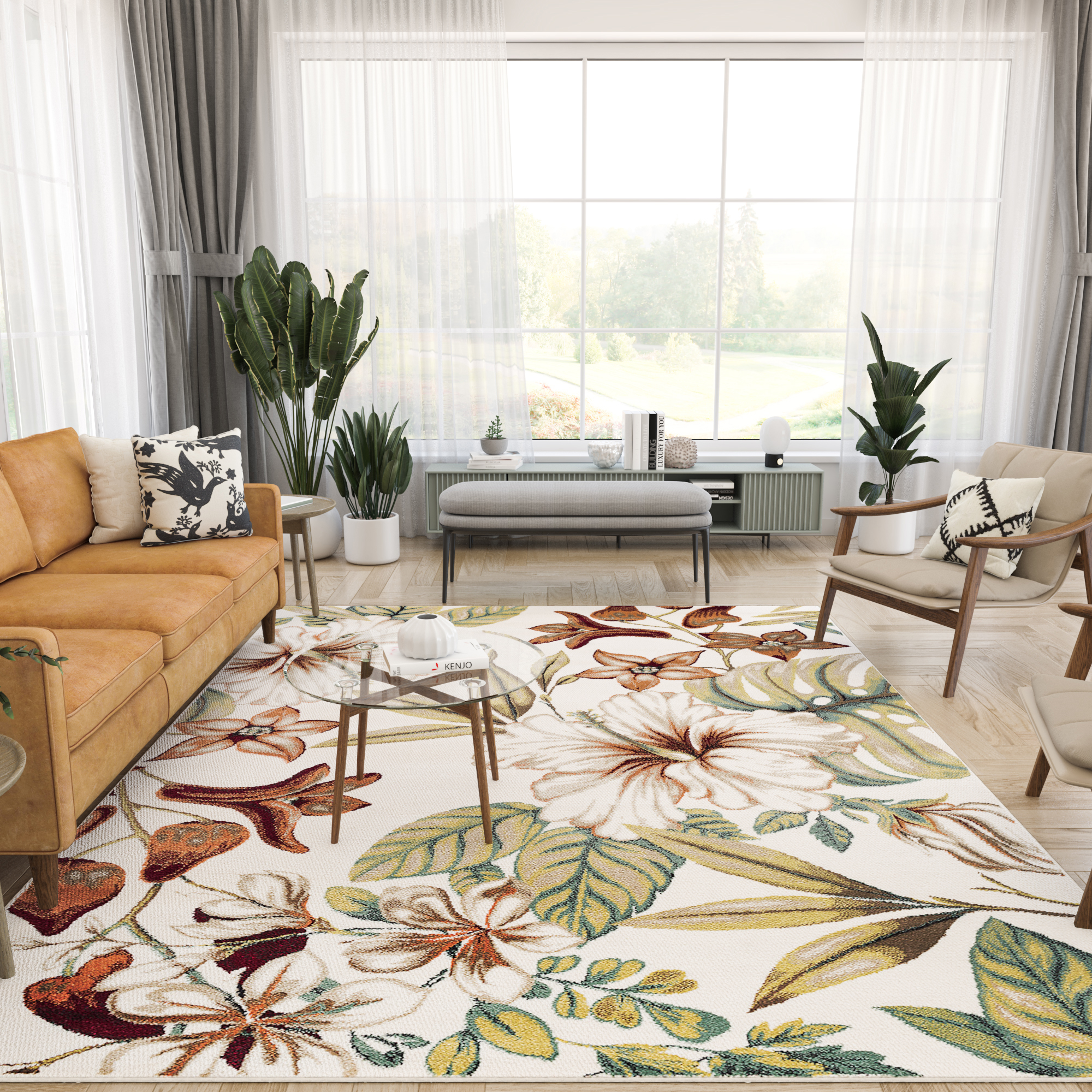 Transitional 5x8 Area Rug (5'3'' x 7'3'') Floral Ivory, Citron Green Living Room Easy to Clean
