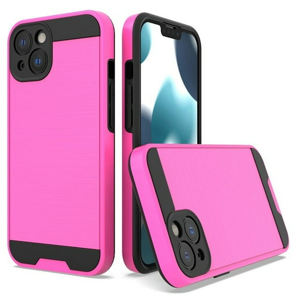 Brushed Metal Textured Hybrid Armor Case for iPhone 14 - Hot Pink