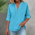 thumbnail image 4 of Cotton Linen Tops for Women 3/4 Sleeve V Neck T-Shirt with Buttons Solid Color Loose Fit Casual Summer Tees (M, Blue), 4 of 8