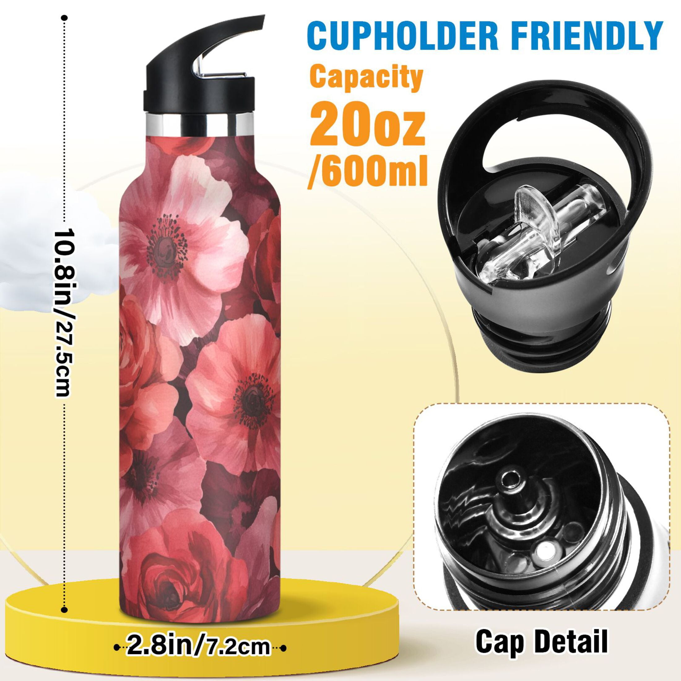 600ML Stainless Steel Insulated Cup Sports Water Bottle Portable Thermos Cup Water Glasses Insulated Tumblers Convenient and Durable Vibrant Red Flowers
