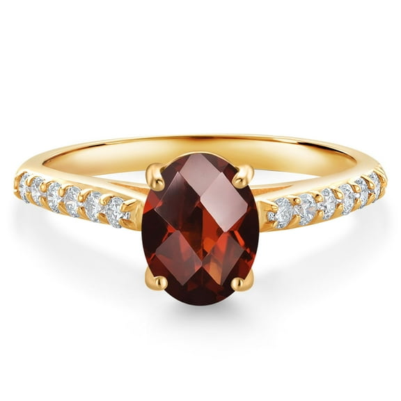 Gem Stone King 10K Yellow Gold Red Garnet and White Lab Grown Diamond Engagement Ring for Women (1.71 Cttw, Oval Checkerboard 8X6MM, Gemstone January Birthstone, Size 6)