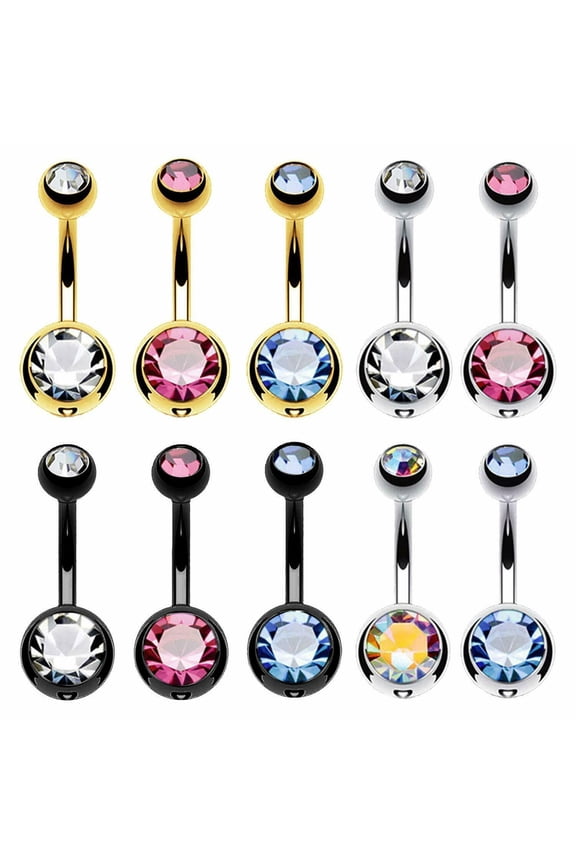 10PC Belly Button Ring Double Multicolor CZ Stainless Steel 14G Navel Ring