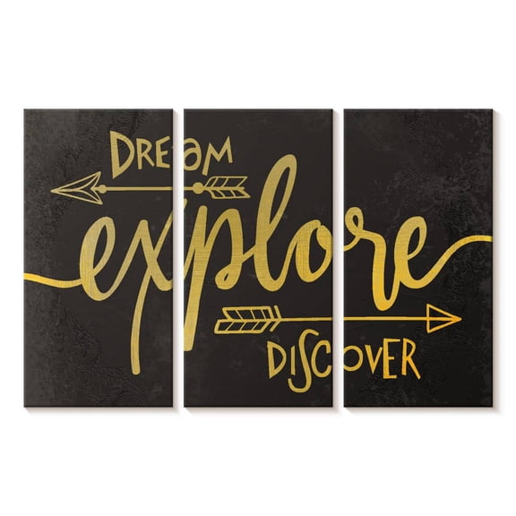 Elephant Stock Adventure Awaits Gold Wall Art - Horizontal Multi Panel Canvas - Living Room Wall Decor - Inspirational And Typography Multi Panel - Gray And Yellow Decor By Kimberly Allen - 23" x 14"