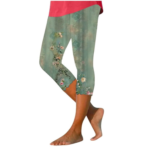 HADST Women's Floral Print Capri Leggings Stretchy Soft Fabric with Scalloped Hem, High Waisted Pants for Yoga, Beach