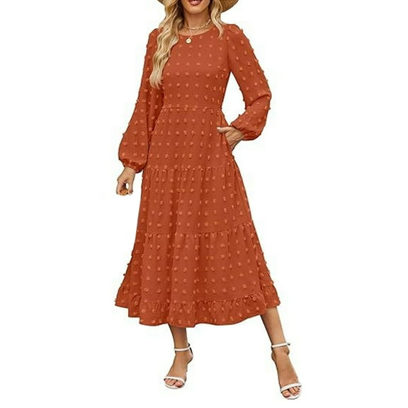 Fall Winter Women Dress Long Lantern Sleeves A-line Round Neck Big Hem Dot Applique Pleated Solid Color Dating Commuting Midi Dress