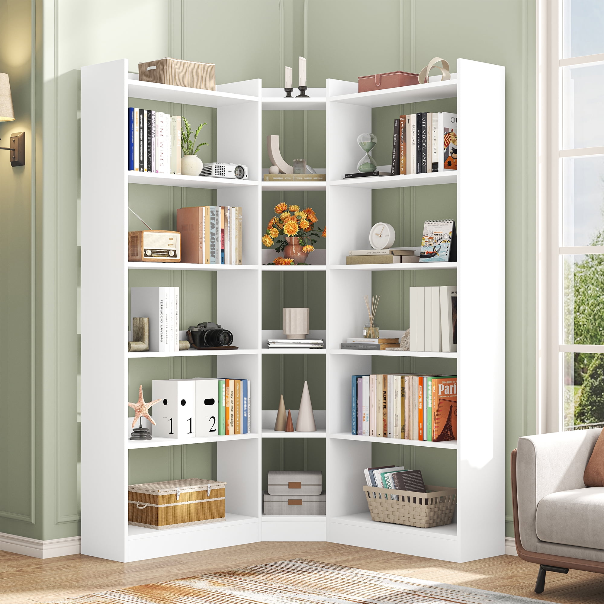 Triple Wide Corner Bookcase with 15 Cube, 6-Tire Bookshelf Display Storage Cabinet, Modern L-Shape Shelf Living Room Furniture for Home Office, White
