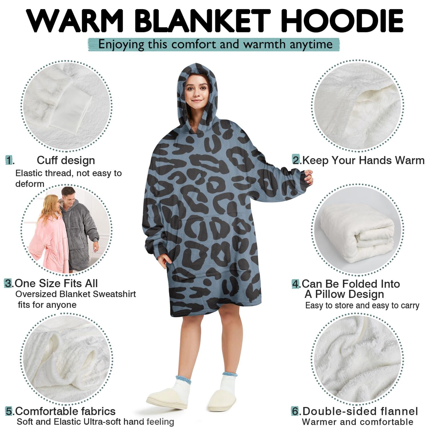 Black Leopard Pattern Wearable Oversized Blanket,Wearable Blanket Hoodie for Adults,Cozy Hooded Blankets with Super Pockets,Super Warm Fuzzy Pullover for Women & Men