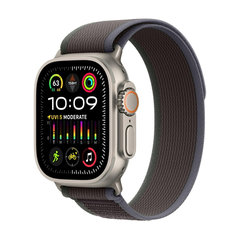 Apple Watch Ultra 2 49 mm titanium smart watch with Trail Loop nylon weave blue black band size M L 64 GB Wi Fi LTE UWB Bluetooth