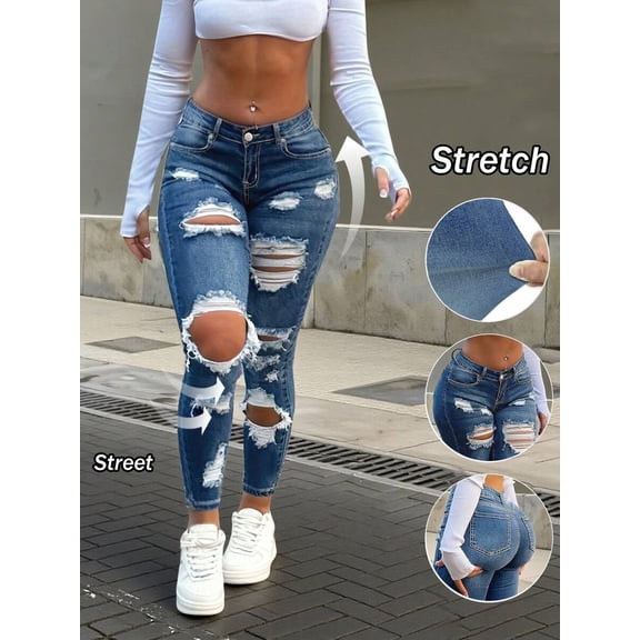 Women's Stretch Distressed Skinny Jeans, High Waist Ripped Pants for Y2K Street Daily Wear