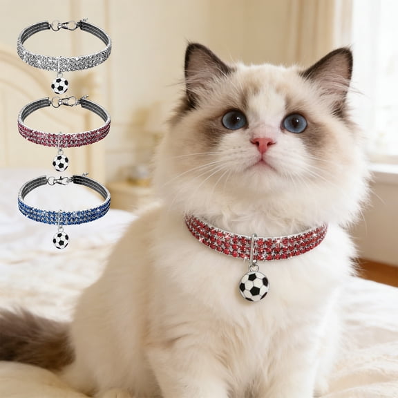 Aoznliie Football Pendant Dog Collar, Bling Rhinestone Cat Necklace with Adjustable Crystal Buckle for Small Medium Pets Party Gift, 7.9-11.8 Inches