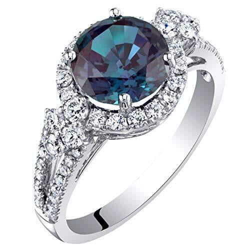 PEORA 14K White Gold Created Alexandrite and Lab Grown Diamond Ring 3.11 Carats total Color-changing Round Shape