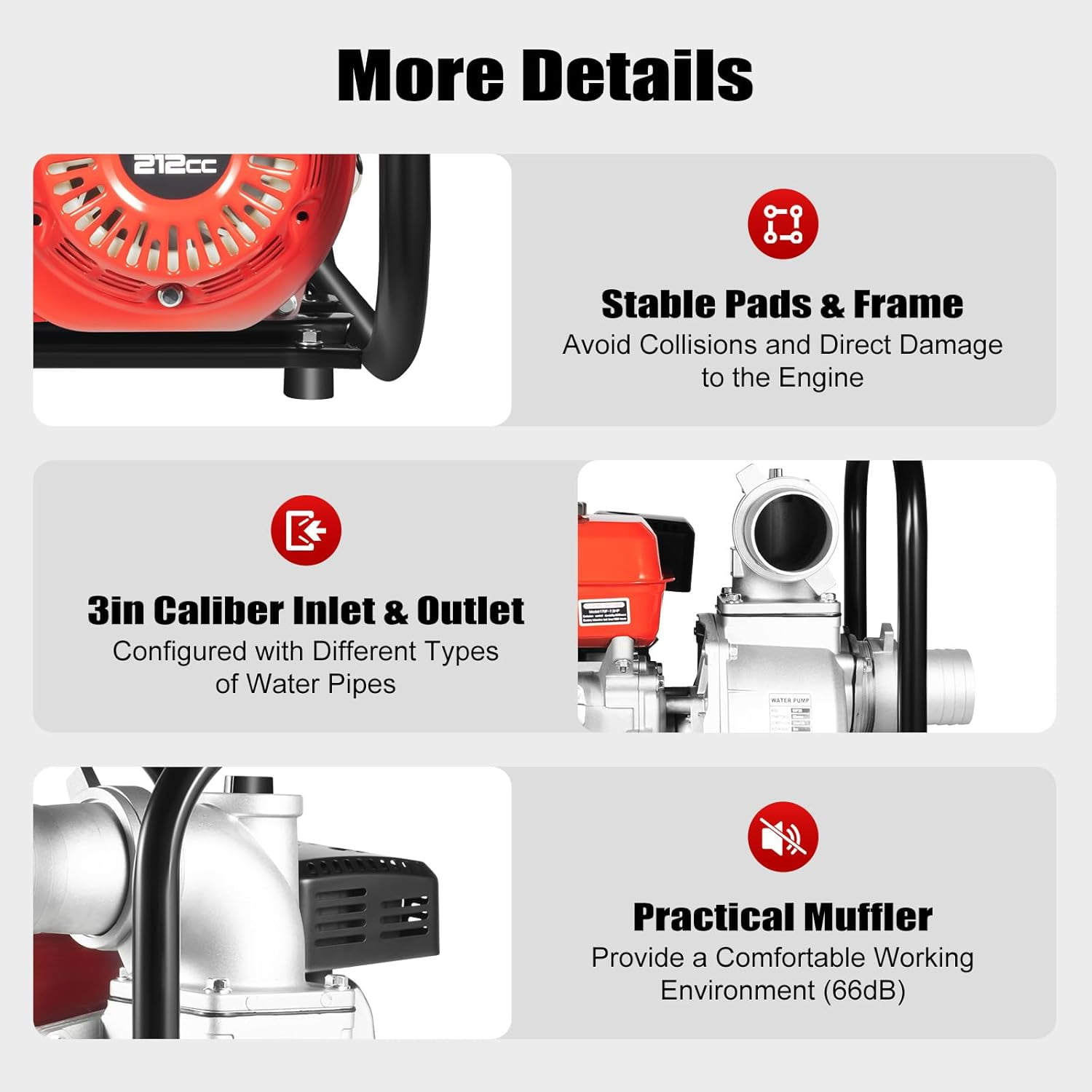 Miumaeov 3 Inch 7.5HP Trash Pump, 4 Stroke 212CC Gas Powered Water Pump, 1236.01Ft³/H Delivery Volume, 26.25Ft Suction Height with 7.5m Water Pipe for Garden Irrigation, Greenhouse Planting