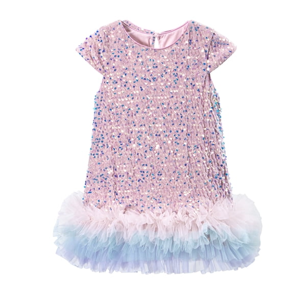 Youpwaven Todd'l'er G'i'rls Sequin Dress Sparkly Gown Party Dresses Short Sleeve Ruffle Patchwork Princess Dress for G'i'rls Glitter Outfits, Pink, Size 3-4Y