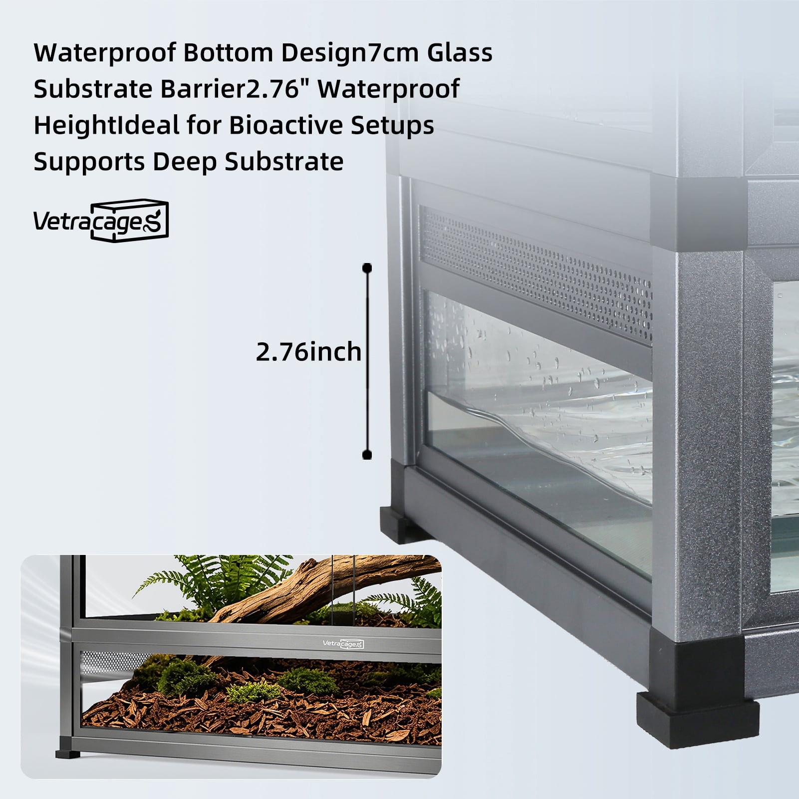 VetraCage Waterproof 36x18x18 Glass Reptile Terrarium, 50 Gallon Bioactive Enclosure with Sliding Doors, Screen Top & Aluminum Frame