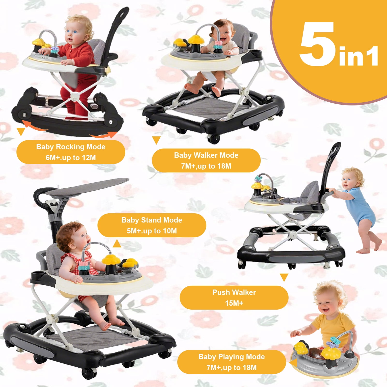 MINGYI 5-in-1 Baby Activity Walker, Foldable, Height Adjustable, Quiet Wheels, Easy Clean, Black, Suitable for Boys and Girls