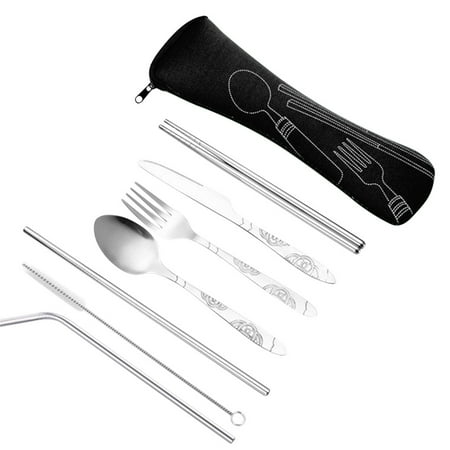 

TFDZ Kitchen Forks Salad Forks 7 Pcs Stainless Steel Knifes Fork Spoon Family Travel Camping Cutlery Eyeful Black