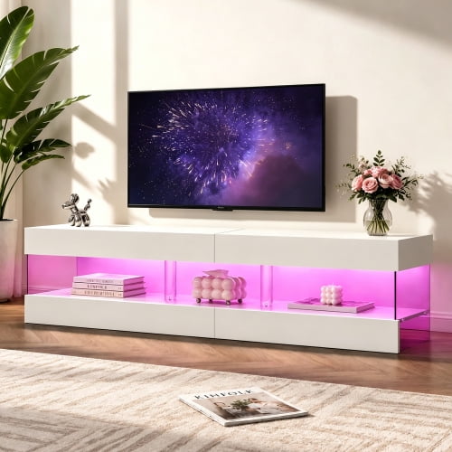 TV Stand for 70 Inch TV, LED Gaming Entertainment Center, Media Console Table for Living Room, White