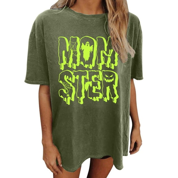 Women's Halloween T-Shirt Crew Neck Letter Printed T-Shirts Loose Fit Short Sleeve Blouses Fall Summer Fashion Clothes