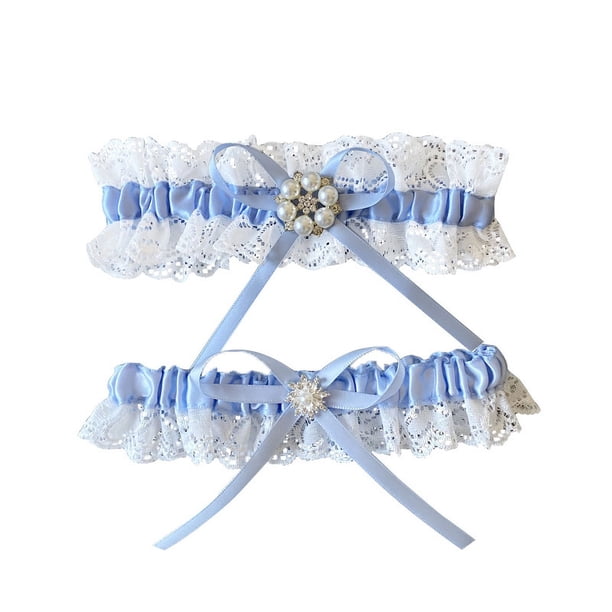 Juego de 2 cinturones con corona floral de encaje azul, regalo de corona floral de boda para novia - liguero de decoración de piernas azul