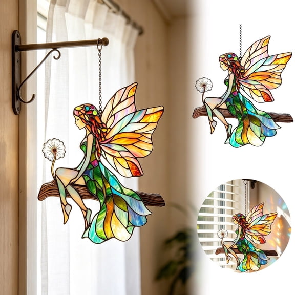 3.9" Stained Glass Fairy Window Hanging, Colorful Suncatcher Ornament for Indoor & Outdoor Use