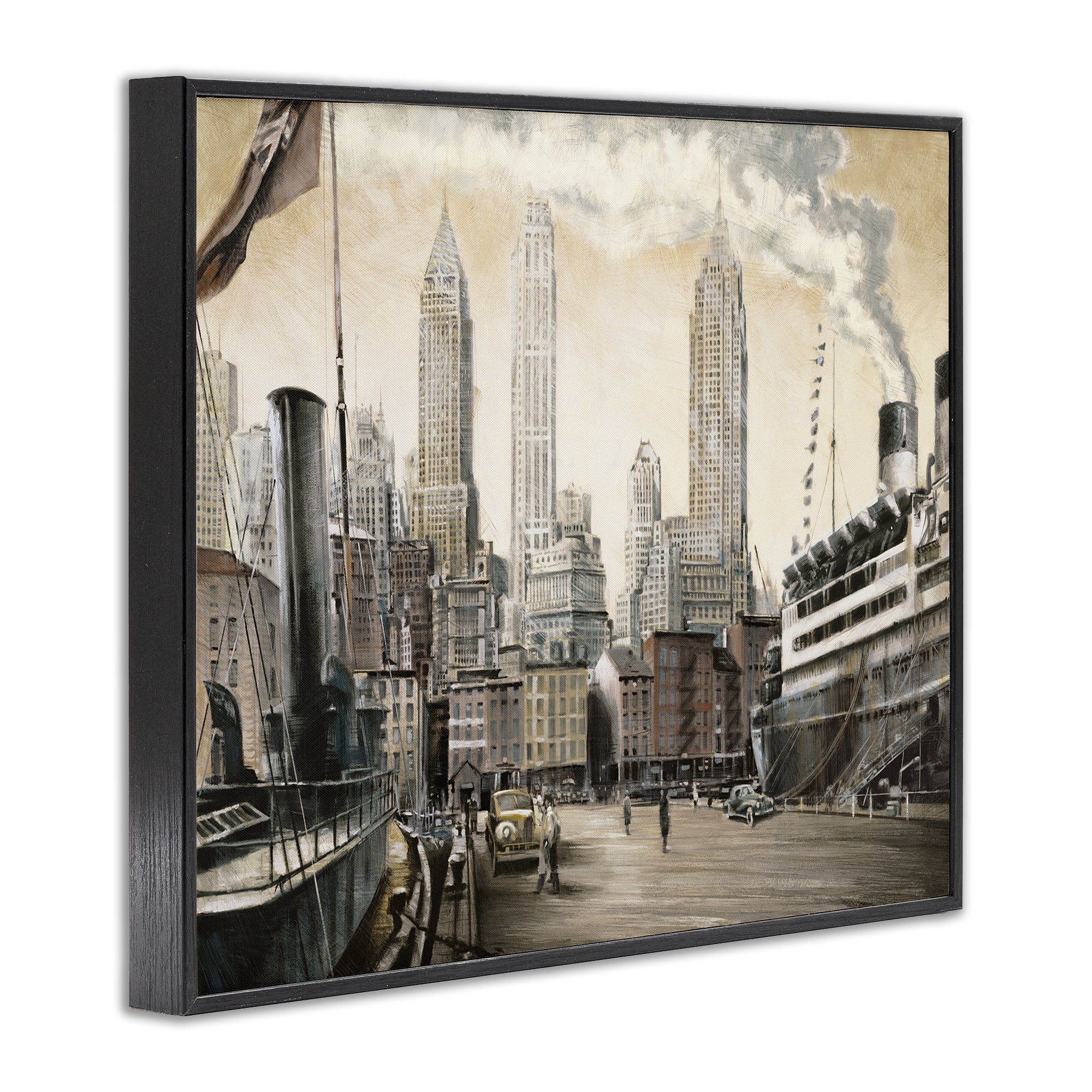Stupell Industries Urban Boat Harbour Scenery Painting Black Framed Art Print Wall Art, 30 x 24