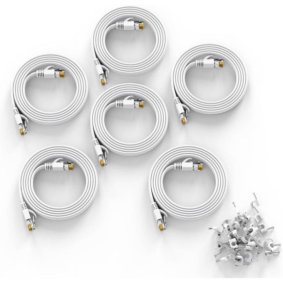 shiyou-6Pcs Cat 6 Ethernet Cable 3ft White - Flat Internet Network LAN Patch Cords – Solid Cat6 High Speed Computer Wire with Clips& Cable Ties Rj45 Connectors - 3 feet (3FT 6Pack White)