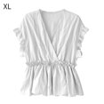 thumbnail image 1 of Camisa de mujer Cuello en V Manga corta Blusa de rayas con volantes Top casual, Blanco, XL Vogacara AP001462-03, 1 of 7