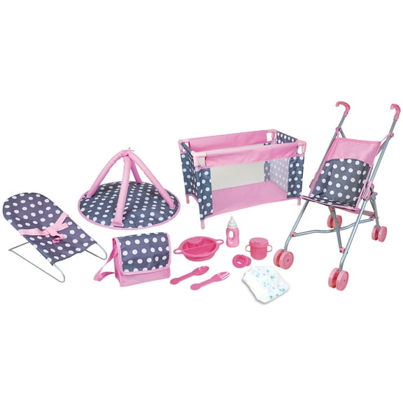 Lissi: Deluxe Doll Nursery Set - Pink-Blue-Polka Dot - 12pc Play Accessories For Dolls Up To 16", Stroller, Travel Bed, Play Gym, Feeding Toys, Kids 3 