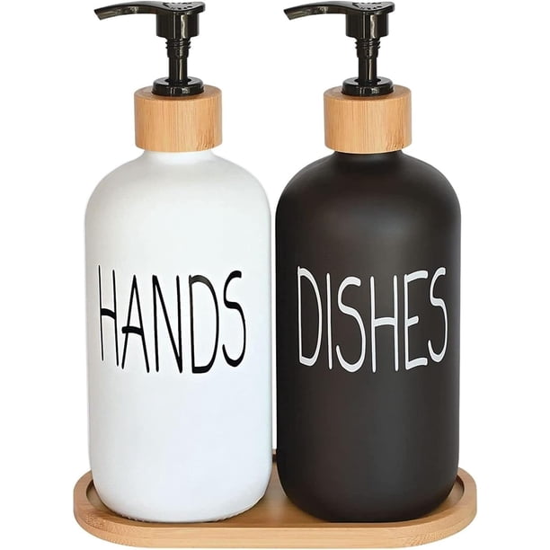 Set dispensador de jabón DIDROOM Glass con bandeja de bambú en blanco y negro