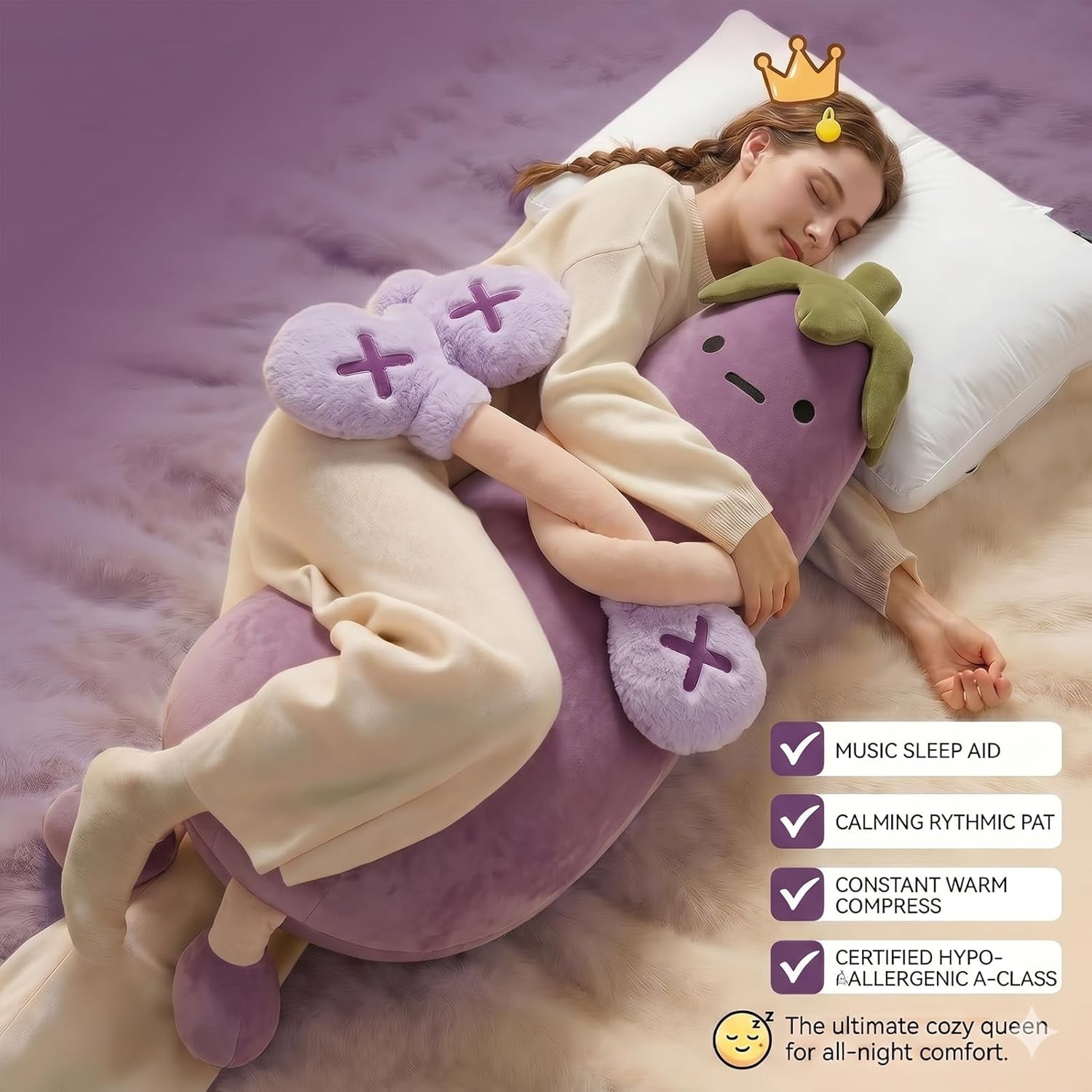 Eggplant Mango King Hugging Pillow, Smart Mango Patting Pillow for & Sleep Aid, Patting Pillows with Heating, Partner Plush Comfort Pillows for Side Sleepers (Eggplant, Basic, S 27.56in)