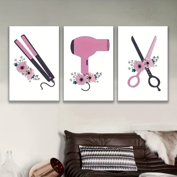 2D Flat, 3pcs Frameless Vertical Wall Decals - Pink Hair Dryer & Floral Design, Spray-Painted Art Decor for Bedroom, Living Room, Kitchen - Chic Home Decor for Beauty Lovers, Mother's Day & Birthday