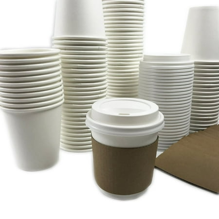 Hot Cocoa Set Black Cat Avenue 50 Sets 10oz Disposable Hot White Paper Cups with Lids and Sleeves For Hot Drinks Coffee Cocoa Chocolate Latte Cappuccino ()