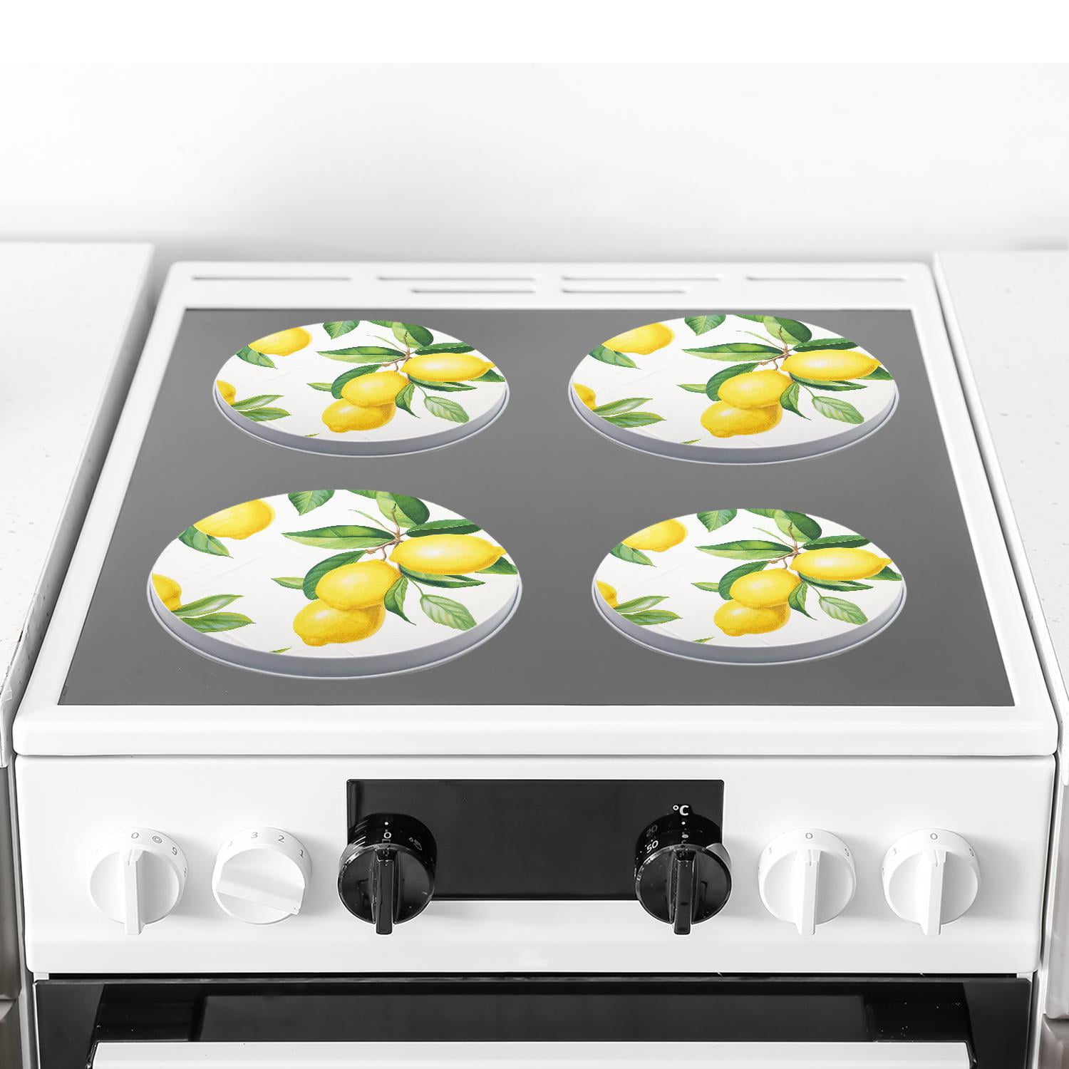 Round Stove Burner Covers 4 Pcs Metal Electric Stove Burner Covers 8Inch And 10Inch ,Fresh Yellow Lemon White art