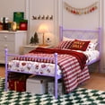 thumbnail image 2 of Yoneston Teen’s Twin Size Metal Platform Bed Frame with Curve Shape Headboard for Girls Kids Bedroom Furniture, Purple, 2 of 10