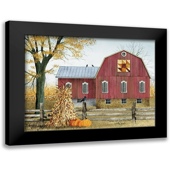 Jacobs, Billy 14x12 Black Modern Framed Museum Art Print Titled - Autumn Leaf Quilt Block Barn