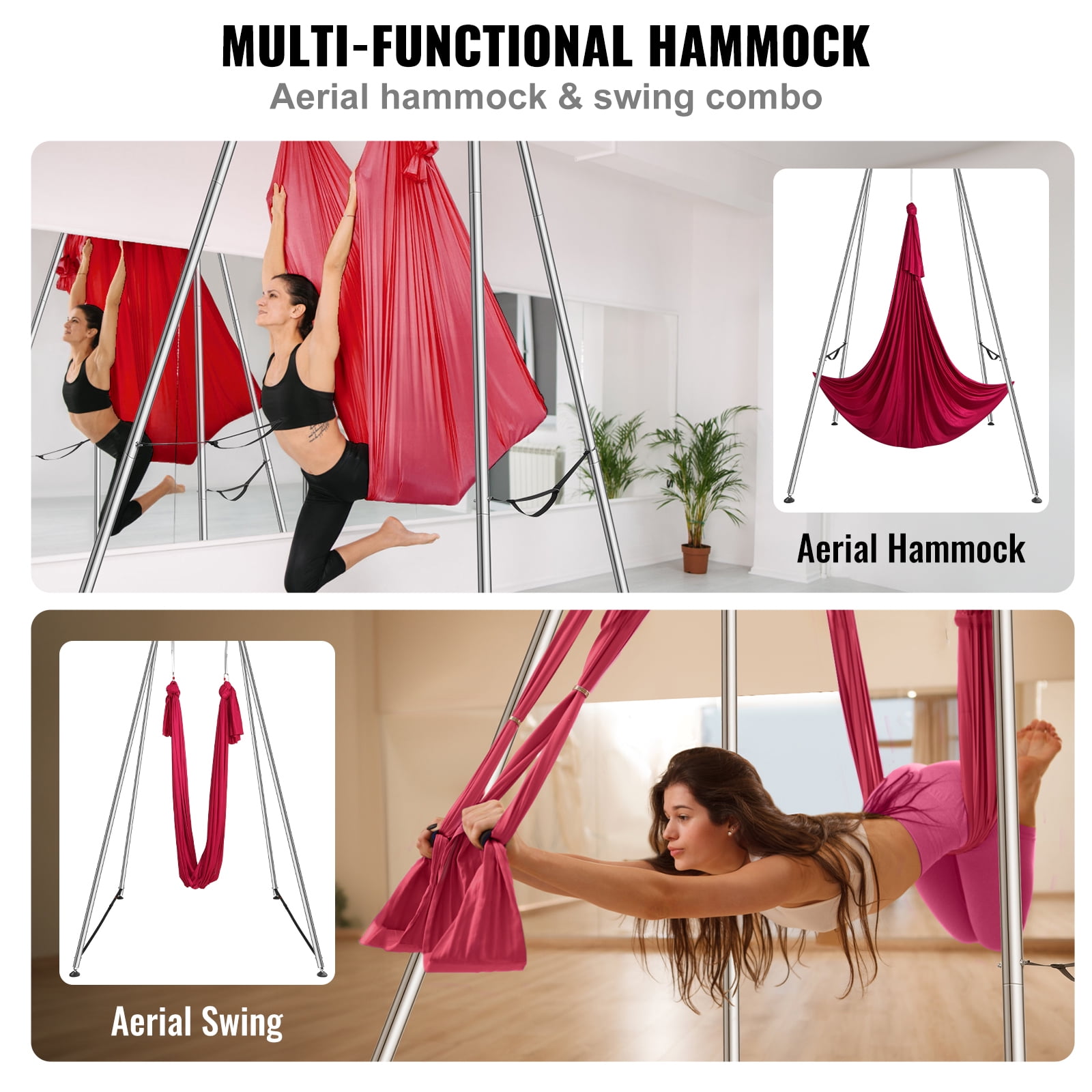 KFFKFF Airborne Yoga Structure & Hammock, 9.67 ft Tall Expert Yoga Swing Stand Accompanied by 6.6 Yards Airborne Hammock, Maximum 551.15 lbs Weight Limit, Yoga Apparatus for Airborne Yoga, Red