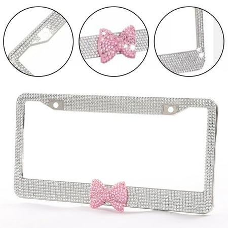7 Rows Bling Diamond Crystal License Plate Frame With Pink Bow Tie