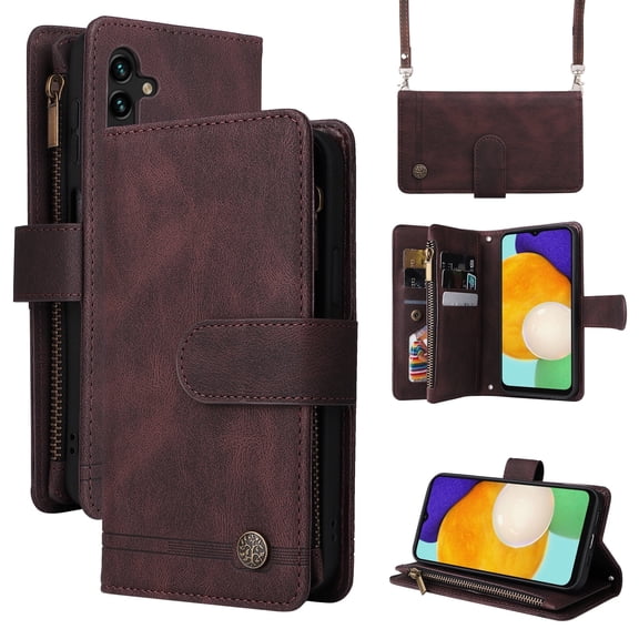 Case for Samsung Galaxy A15, PU Leather Zipper Wallet Cover [RFID Blocking] Card Slot Magnetic Clsap Flip Folio with Wrist/Crossbody Strap Kickstand Full Protective Cover, Brown