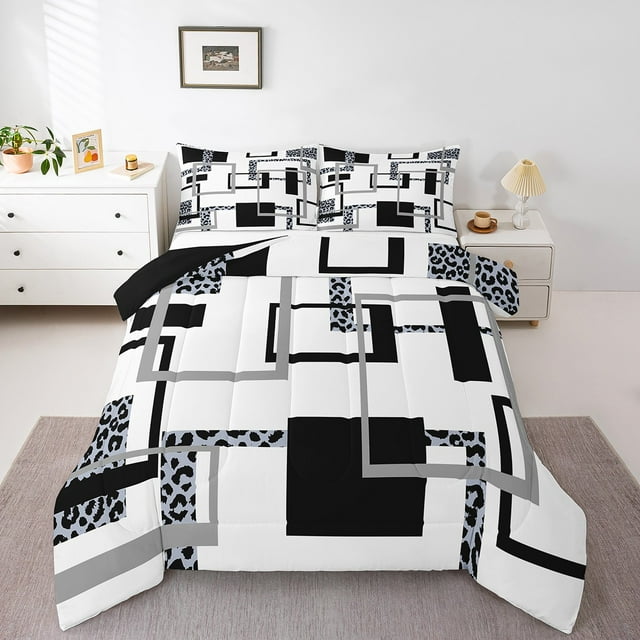 YST Ensemble de Literie à Rayures Bleues, Ensemble de Couette à Imprimé Léopard Format Simple, Ensembles de Couette Noir Gris, Courtepointe Réversible à Lignes Minimalistes et Carrés avec 1 Taie d'Oreiller Déco de Chambre